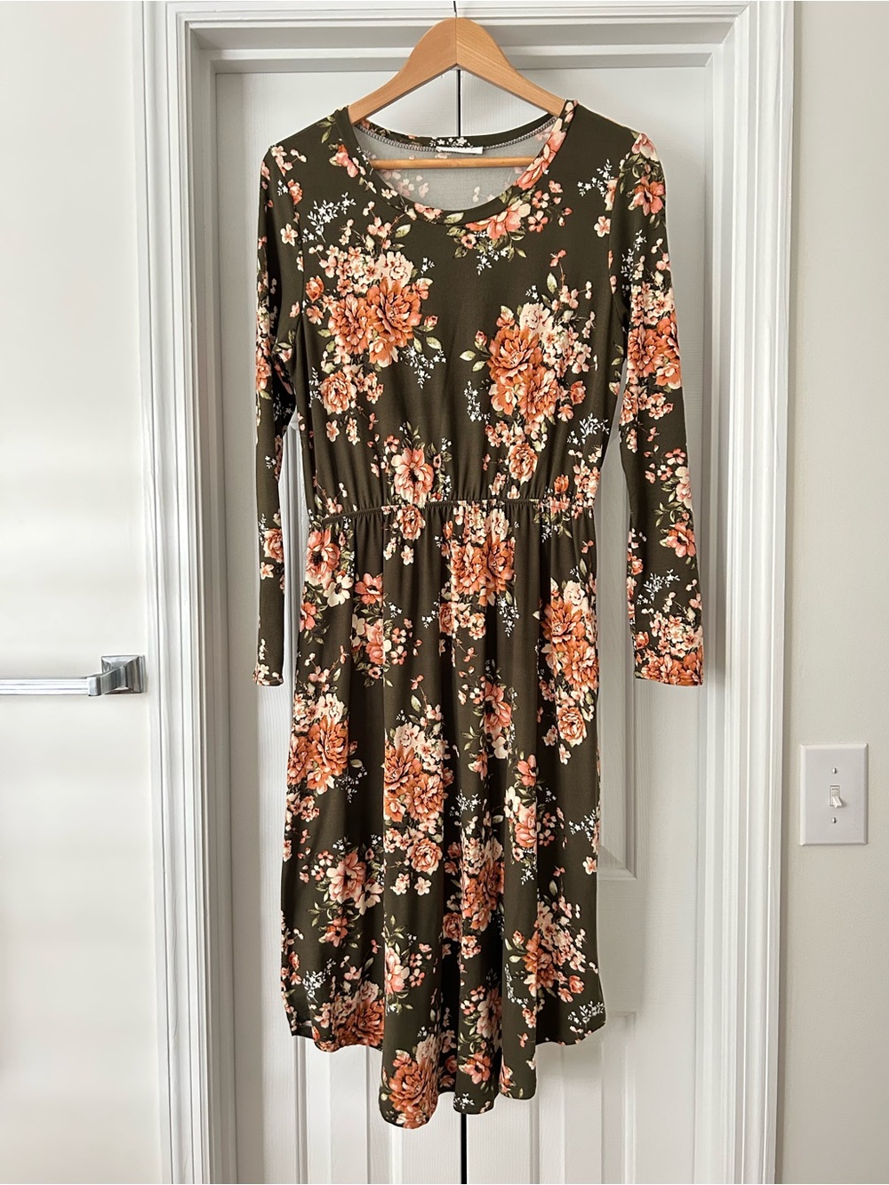 Reborn J Olive Floral Long Sleeve Midi Dress with Peach Blooms